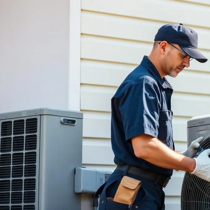 Technician servicing an outdoor AC condenser