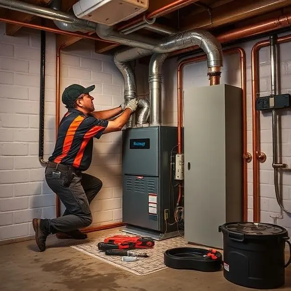 Best Comfort technician installing a high-efficiency furnace in a basement